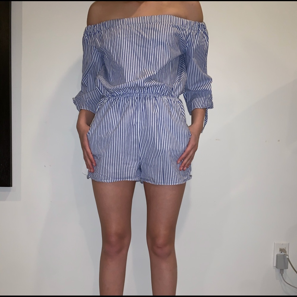 Girls AQUA Blue and White Striped Romper, Size XL
